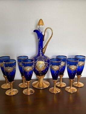 VTG- Murano Glass Decanter Set With 8 Wine Glasses 24K Gold Leaf - Blue
